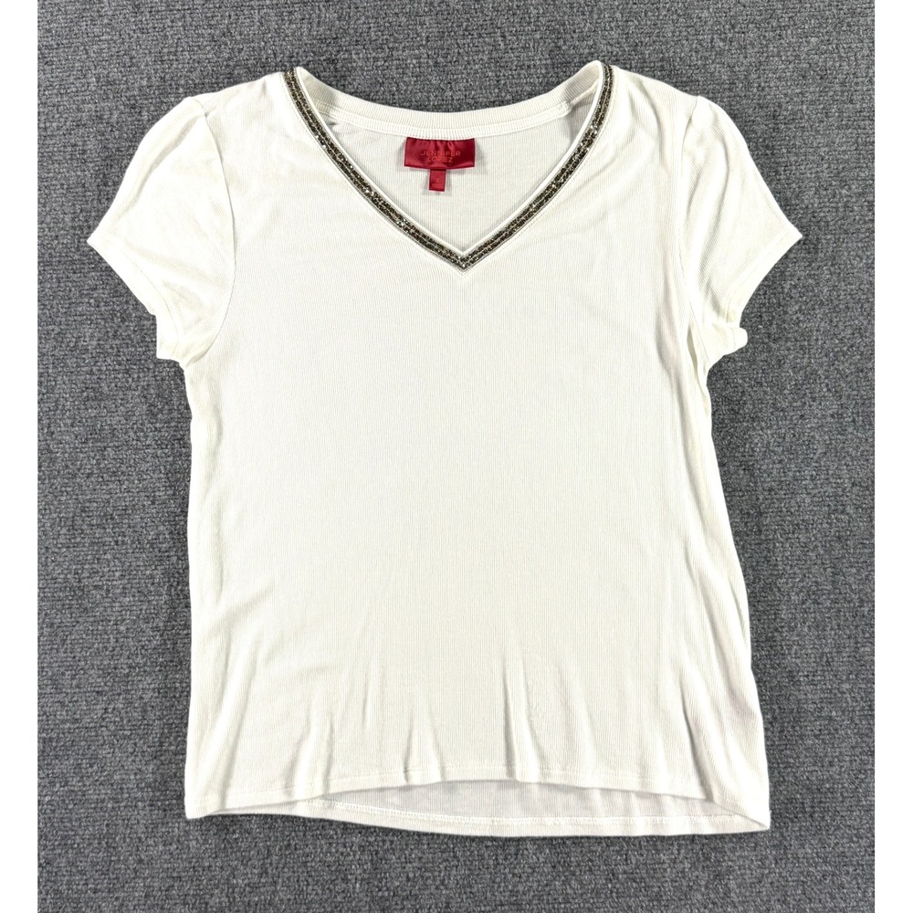 Jennifer Lopez Womens White Ribbed V-Neck Top Beaded Neckline Short Sleeve Small